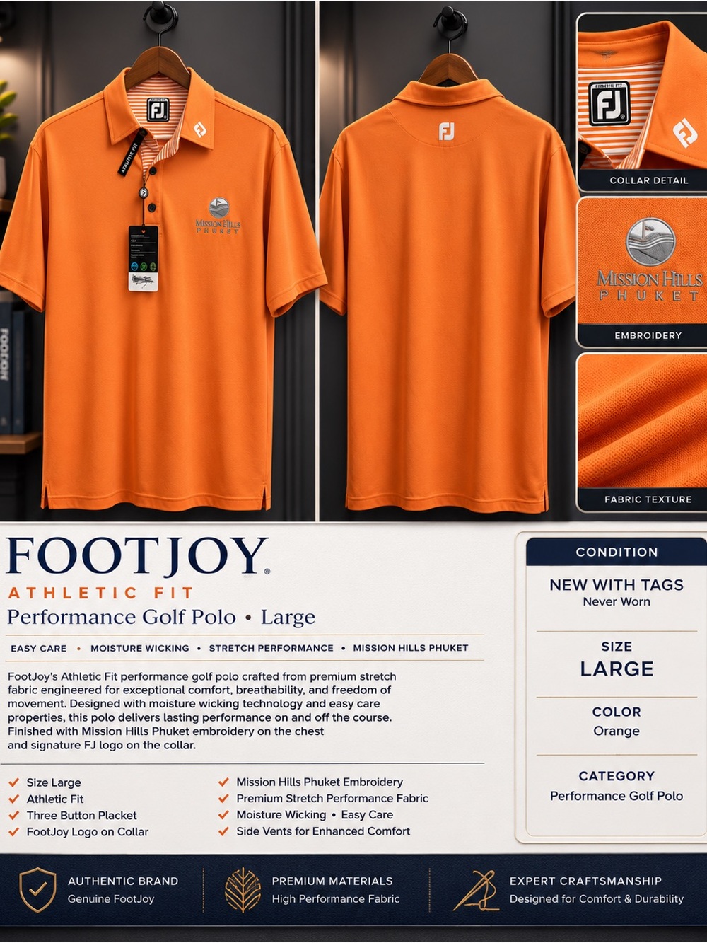 FootJoy Golf Polo Men XL Athletic Fit Orange Performance Shirt NWT Mission Hills